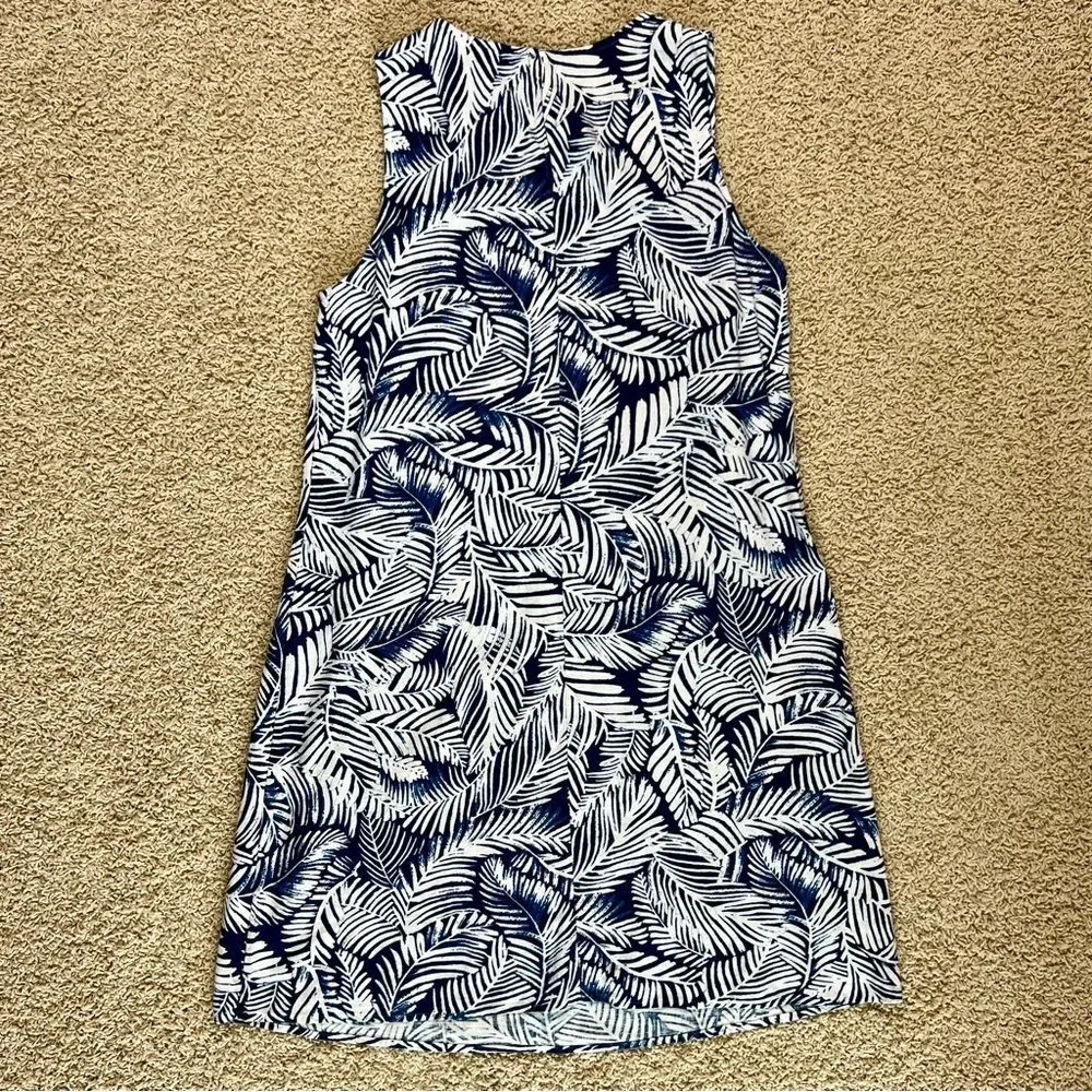 ANNE KLEIN Linen Blend Sleeveless A Line Dress Palm Print Blue White Size 6